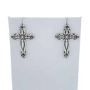 Vintage MJ Silver Tone Cross Design Pierced Earrings